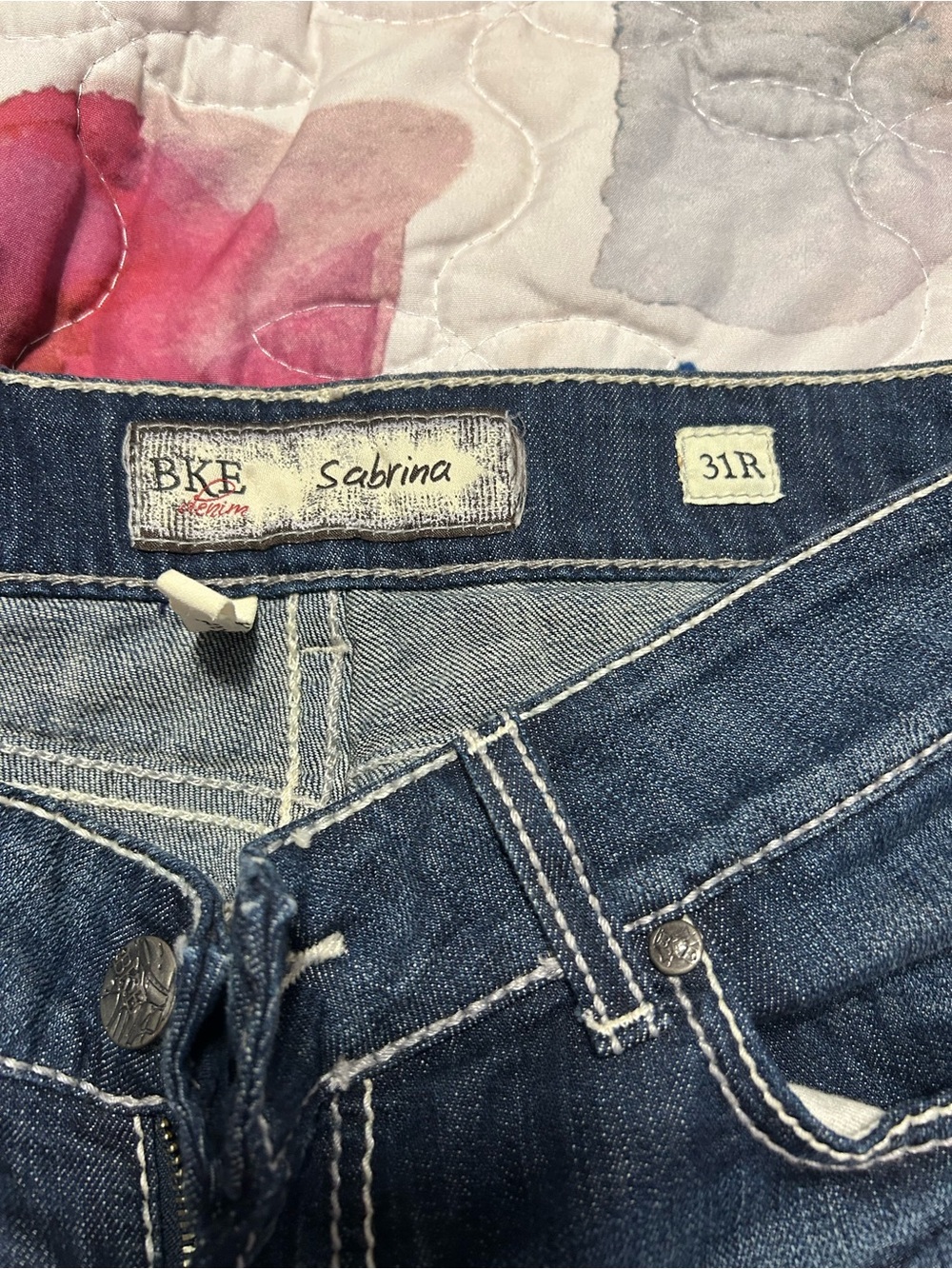 BKE Sabrina Women's Boot Cut Jeans in Dark Blue with White Stitching